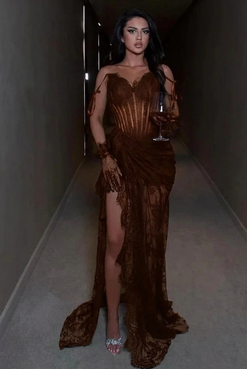 Chocolate spaghetti straps ruffled mermaid evening dress