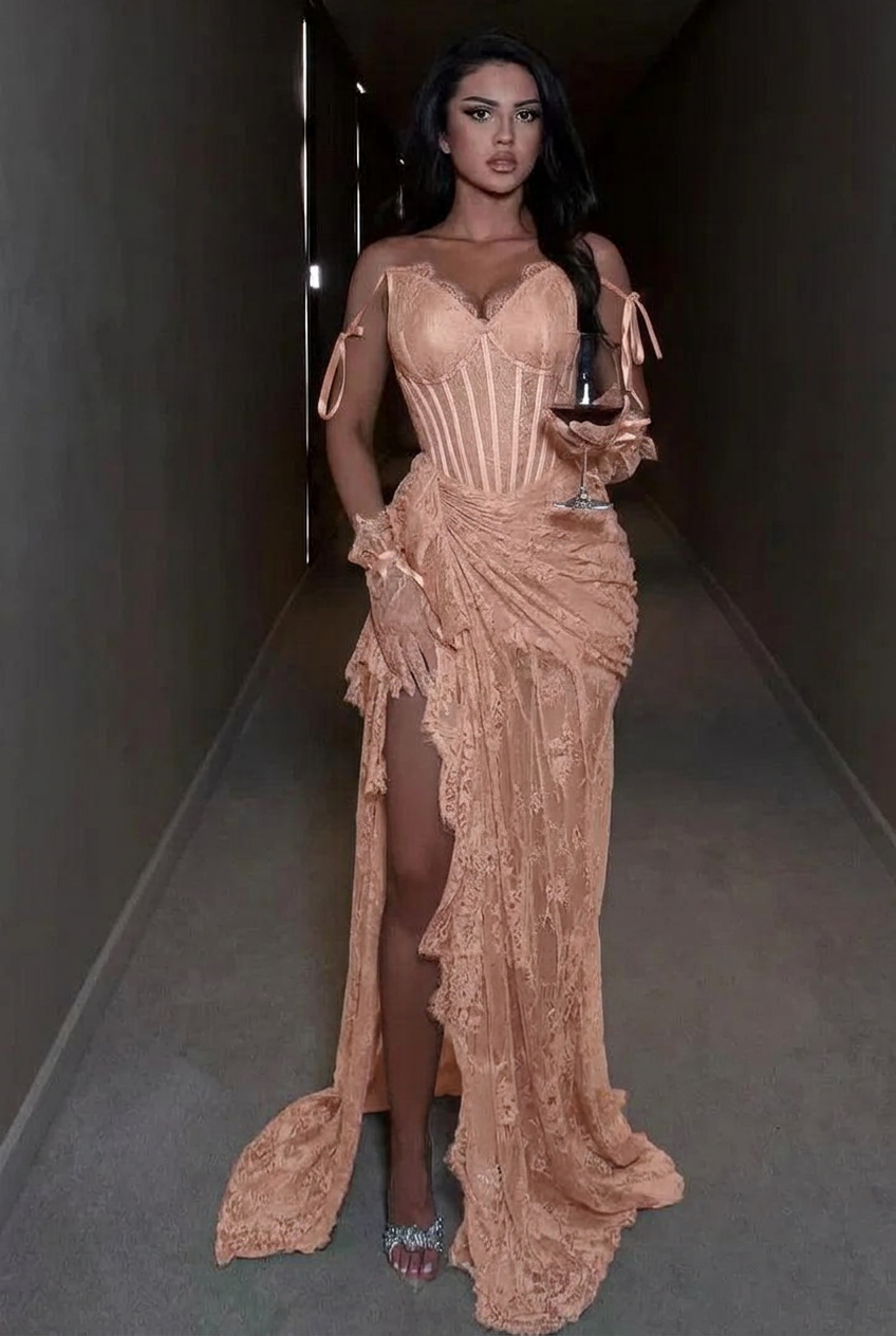 Pearl pink spaghetti straps ruffled mermaid evening dress
