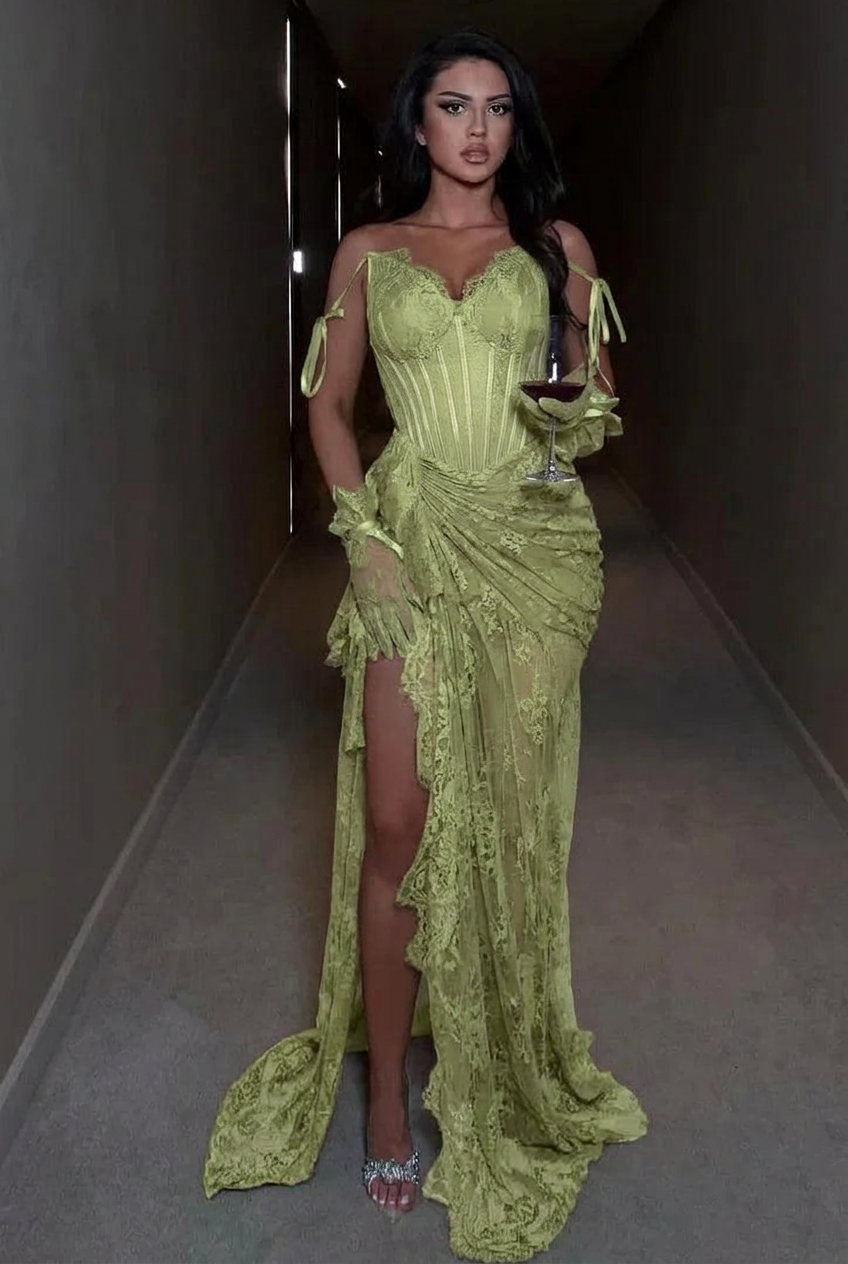 Sage spaghetti straps ruffled mermaid evening dress