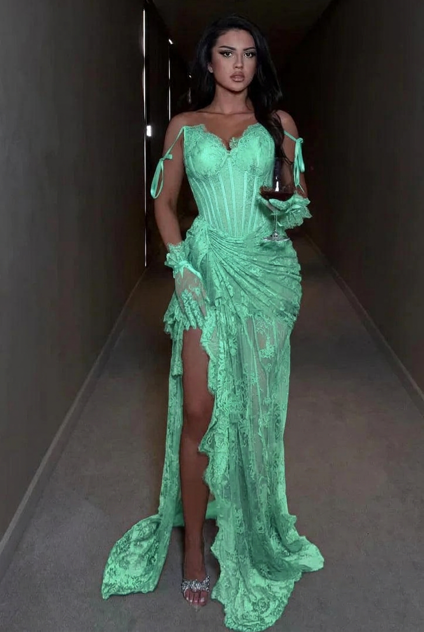 Mint green spaghetti straps ruffled mermaid evening dress