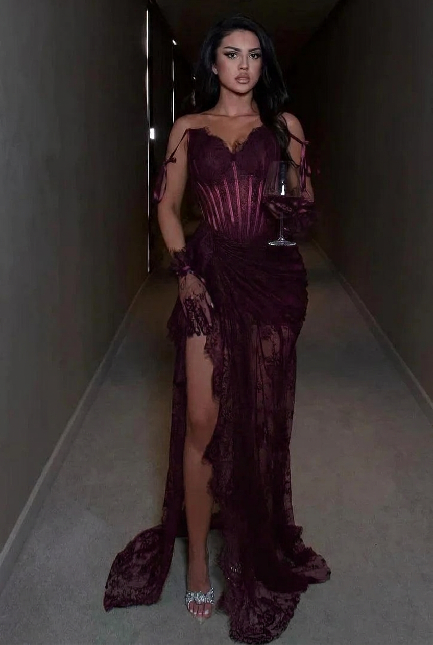 Grape spaghetti straps ruffled mermaid evening dress