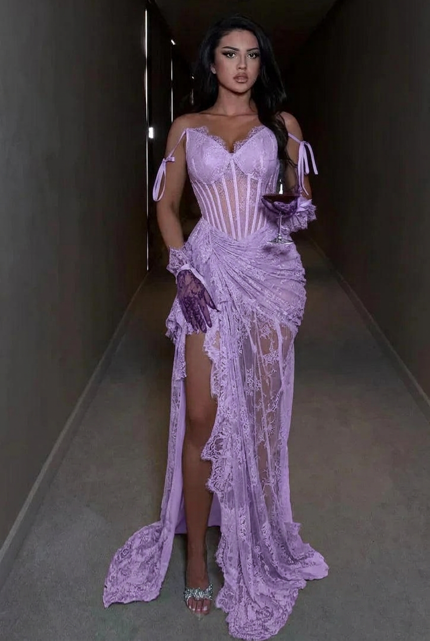 Lavender spaghetti straps ruffled mermaid evening dress