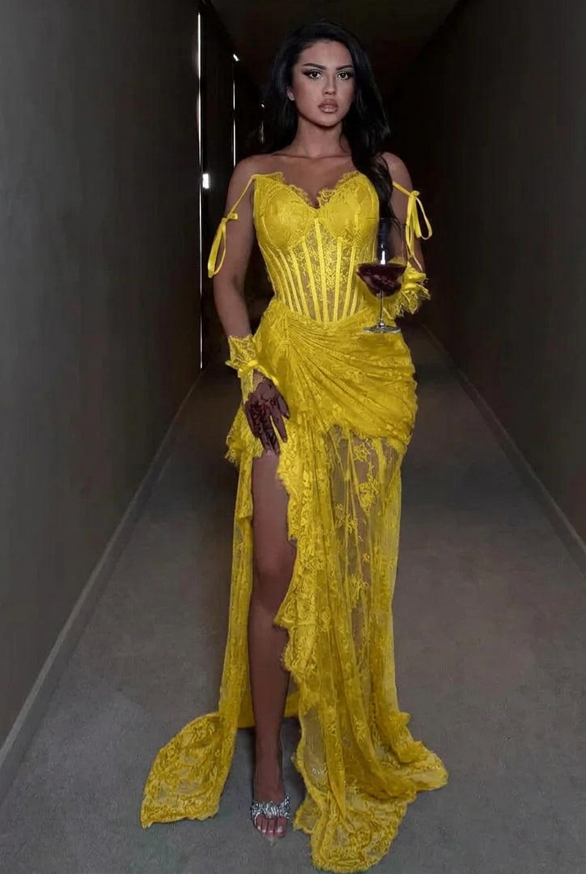 Yellow spaghetti straps ruffled mermaid evening dress