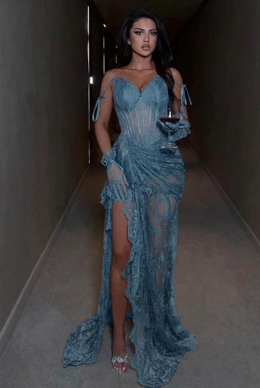 Dusty blue spaghetti straps ruffled mermaid evening dress