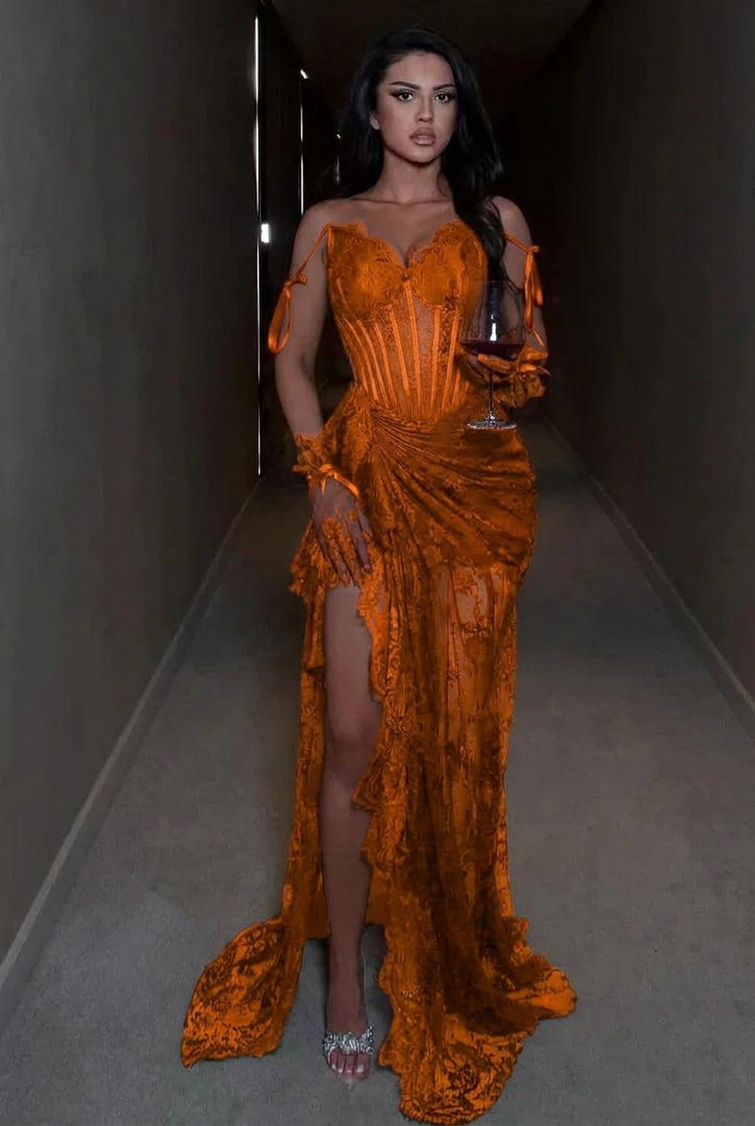 Orange spaghetti straps ruffled mermaid evening dress