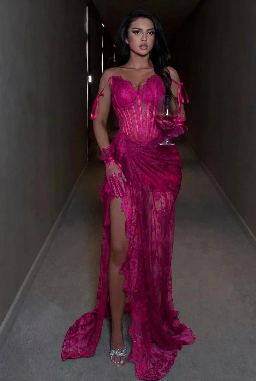 Fuchsia spaghetti straps ruffled mermaid evening dress