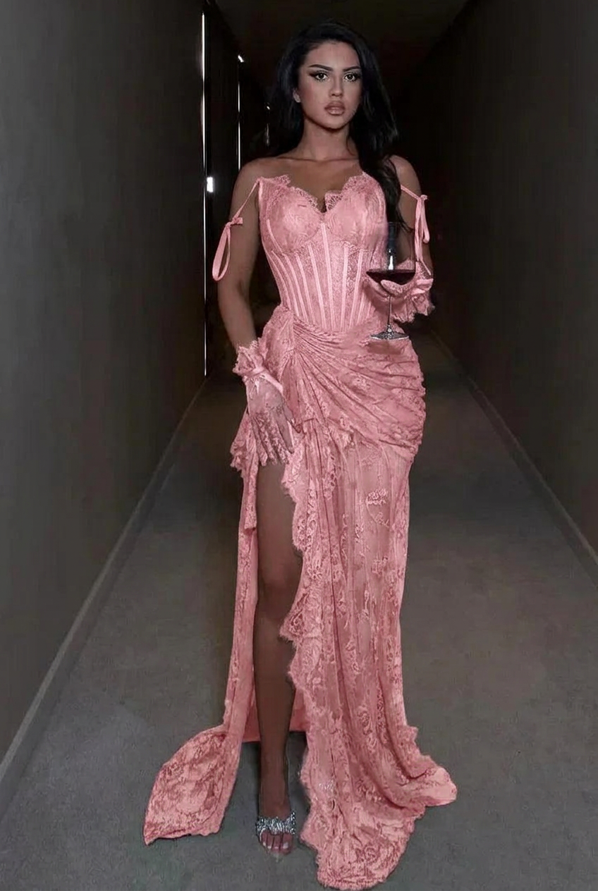 Blushing pink spaghetti straps ruffled mermaid evening dress