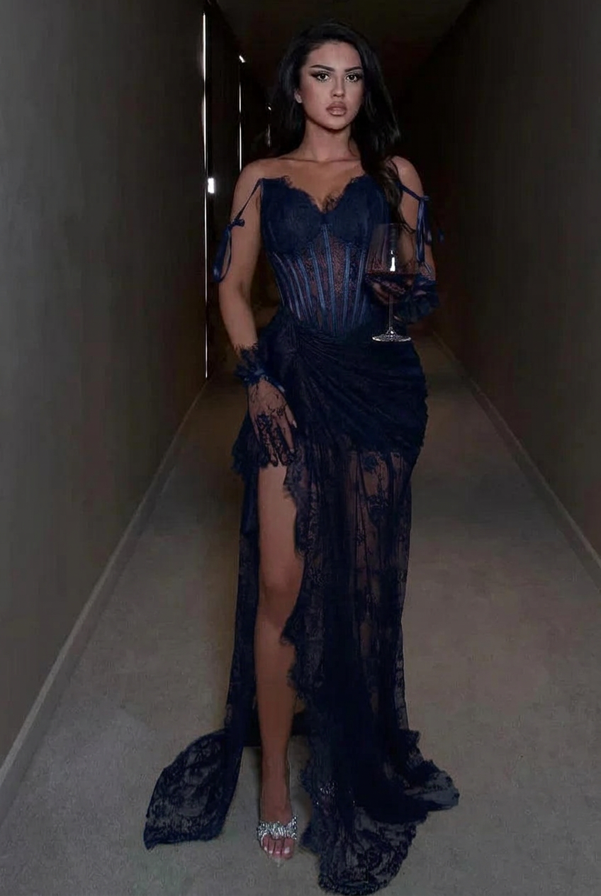 Dark navy spaghetti straps ruffled mermaid evening dress
