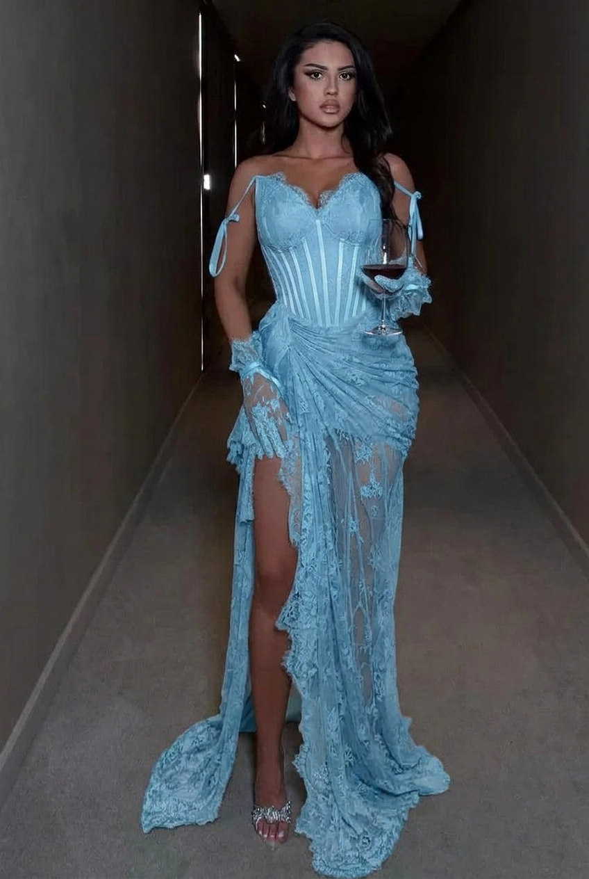 Light blue spaghetti straps ruffled mermaid evening dress