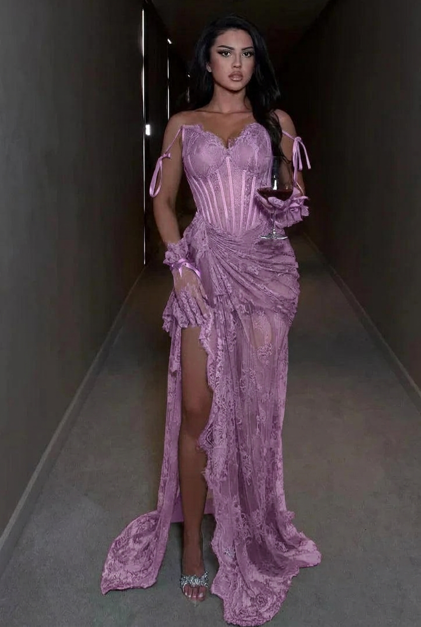 Lilac spaghetti straps ruffled mermaid evening dress
