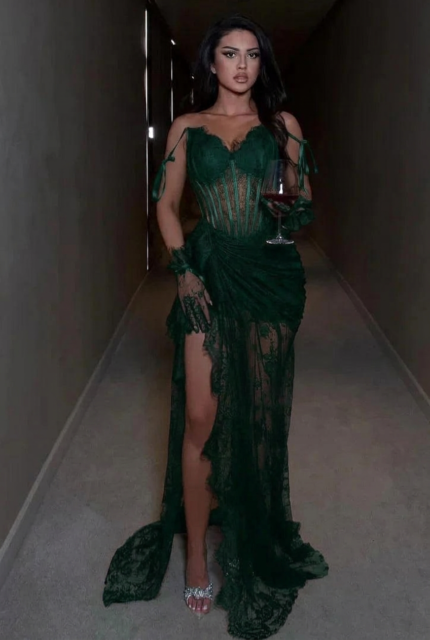Dark green spaghetti straps ruffled mermaid evening dress