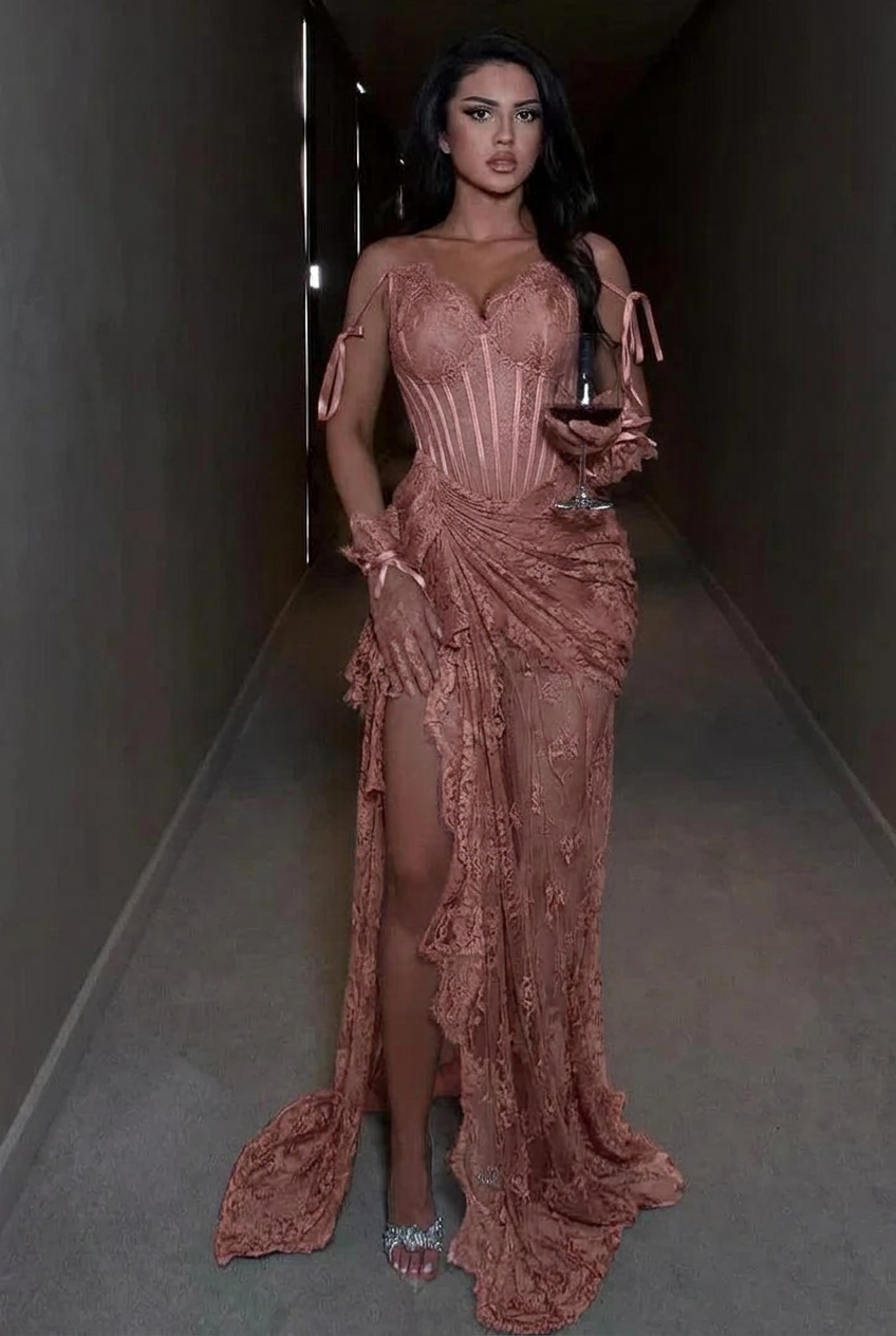 Dusty rose spaghetti straps ruffled mermaid evening dress