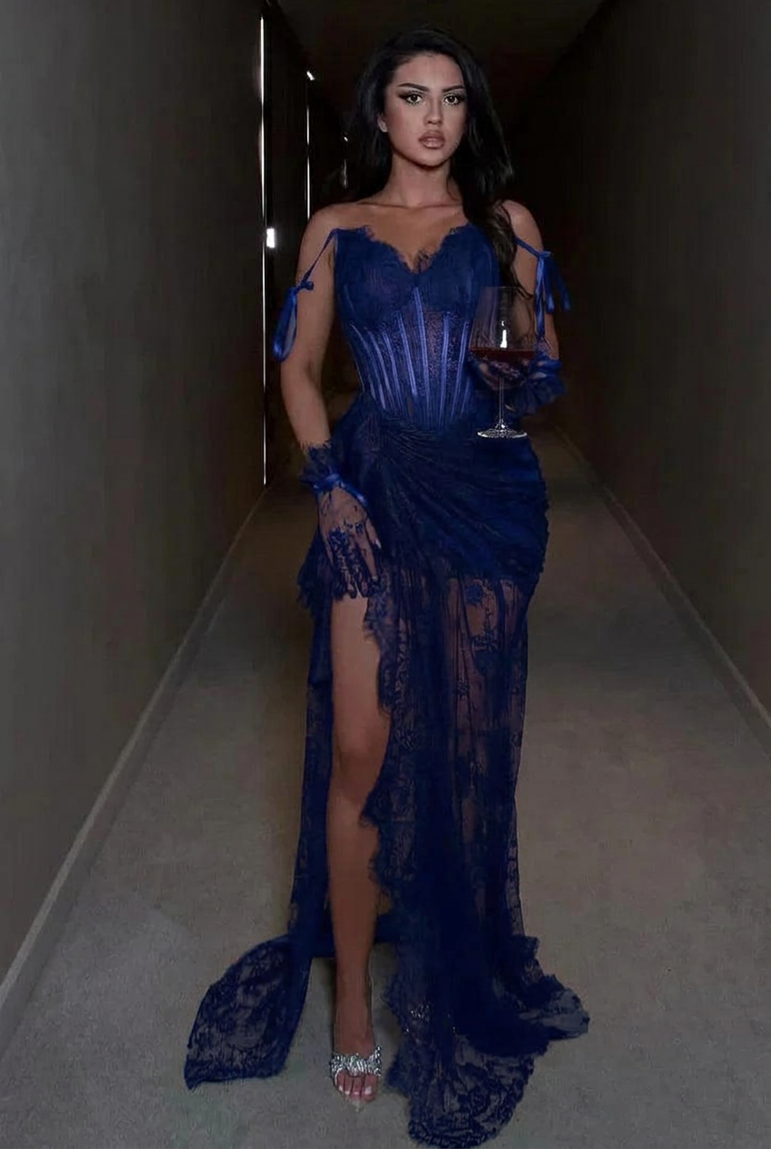 Royal blue spaghetti straps ruffled mermaid evening dress