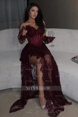 Burgundy Spaghetti Straps Sleeveless Lace Corset Mermaid Split Front Floor Evening Gown