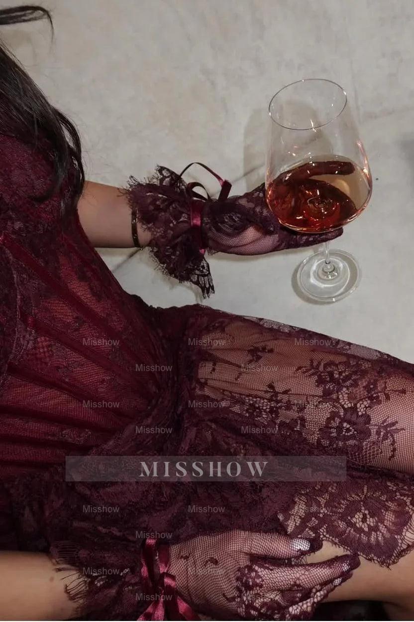 Burgundy Spaghetti Straps Sleeveless Lace Corset Mermaid Split Front Floor Evening Gown