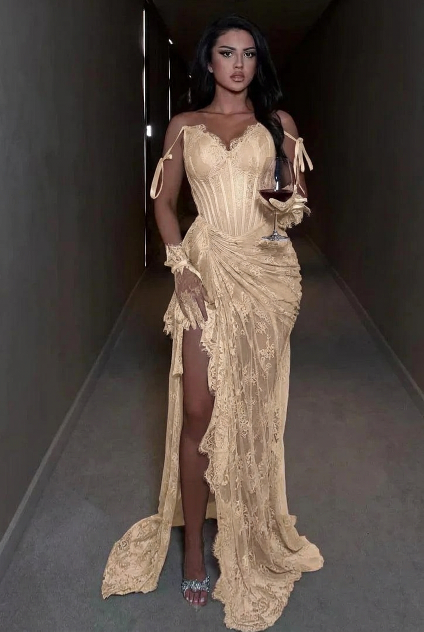 Champagne spaghetti straps ruffled mermaid evening dress