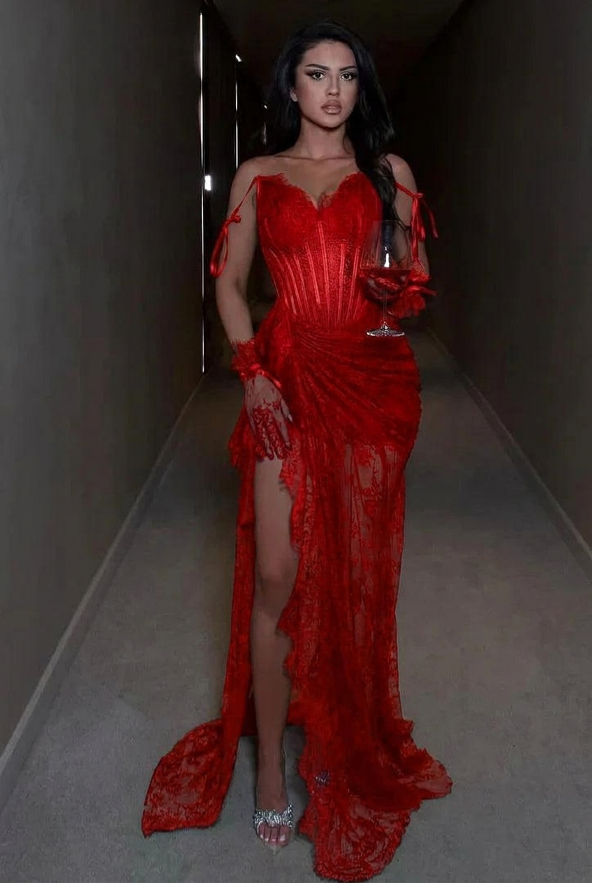 Red spaghetti straps ruffled mermaid evening dress