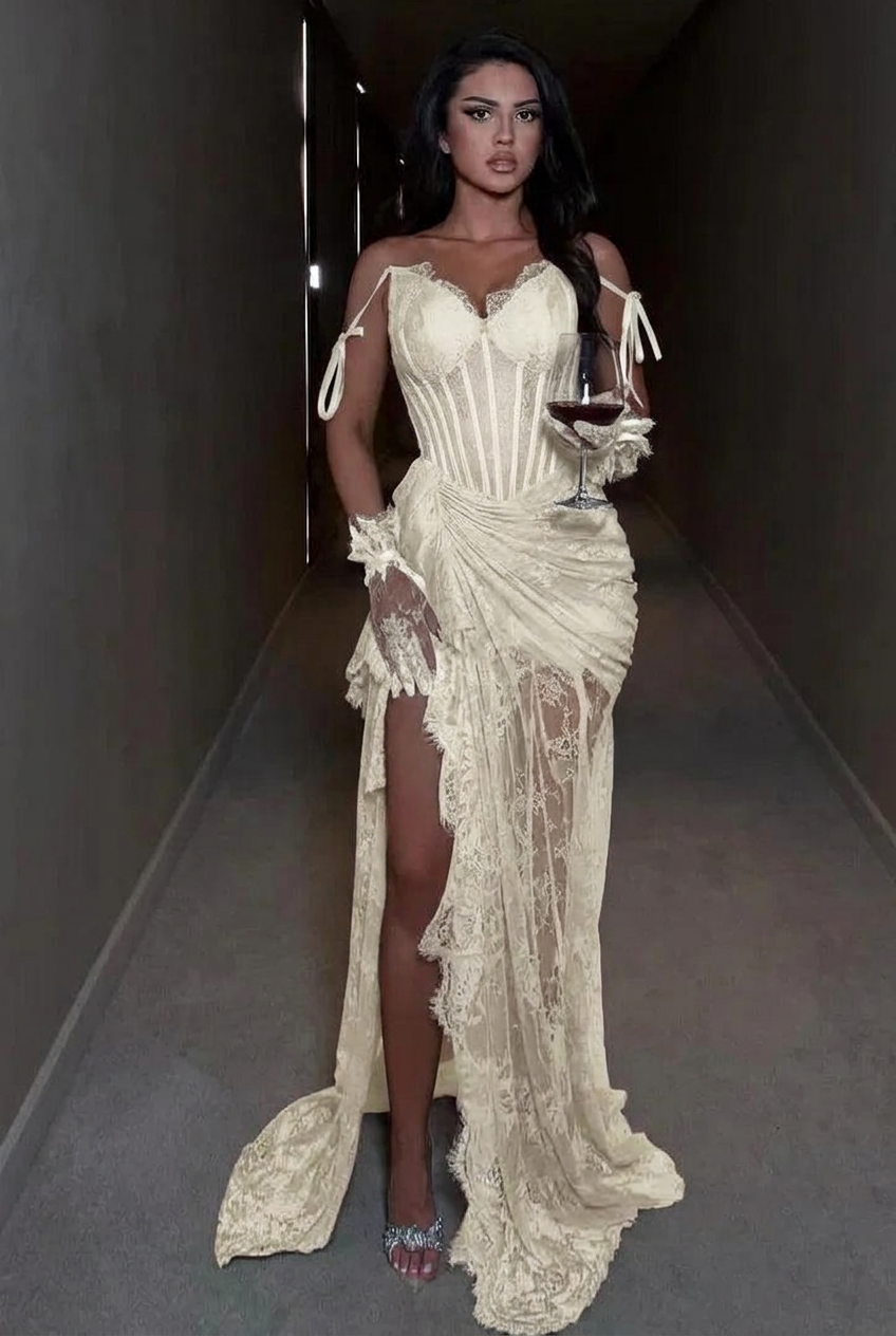Ivory spaghetti straps ruffled mermaid evening dress