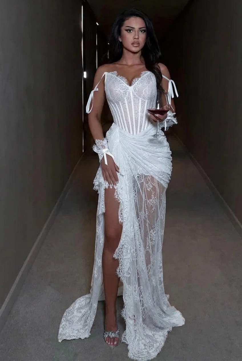 White spaghetti straps ruffled mermaid evening dress