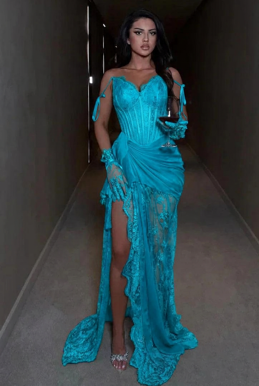 Turquoise spaghetti straps ruffled mermaid evening dress