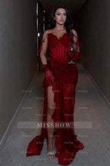 Burgundy Spaghetti Straps Sleeveless Lace Corset Mermaid Split Front Floor Evening Gown