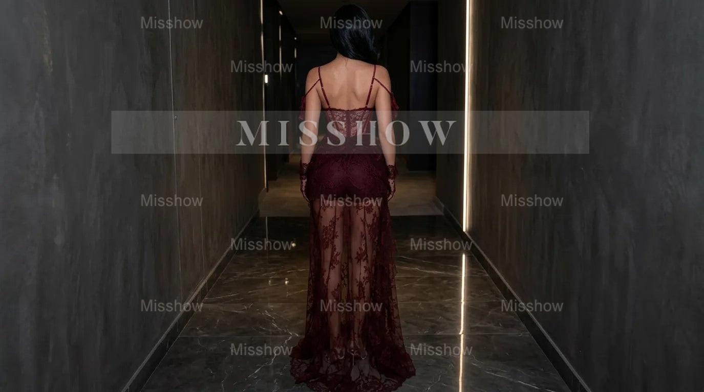 Burgundy Spaghetti Straps Sleeveless Lace Corset Mermaid Split Front Floor Evening Gown