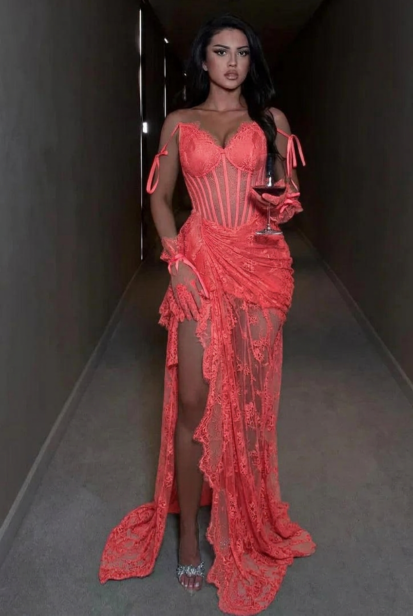 Coral spaghetti straps ruffled mermaid evening dress