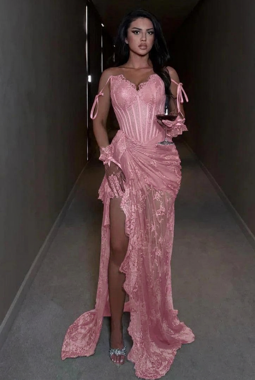 Candy pink spaghetti straps ruffled mermaid evening dress