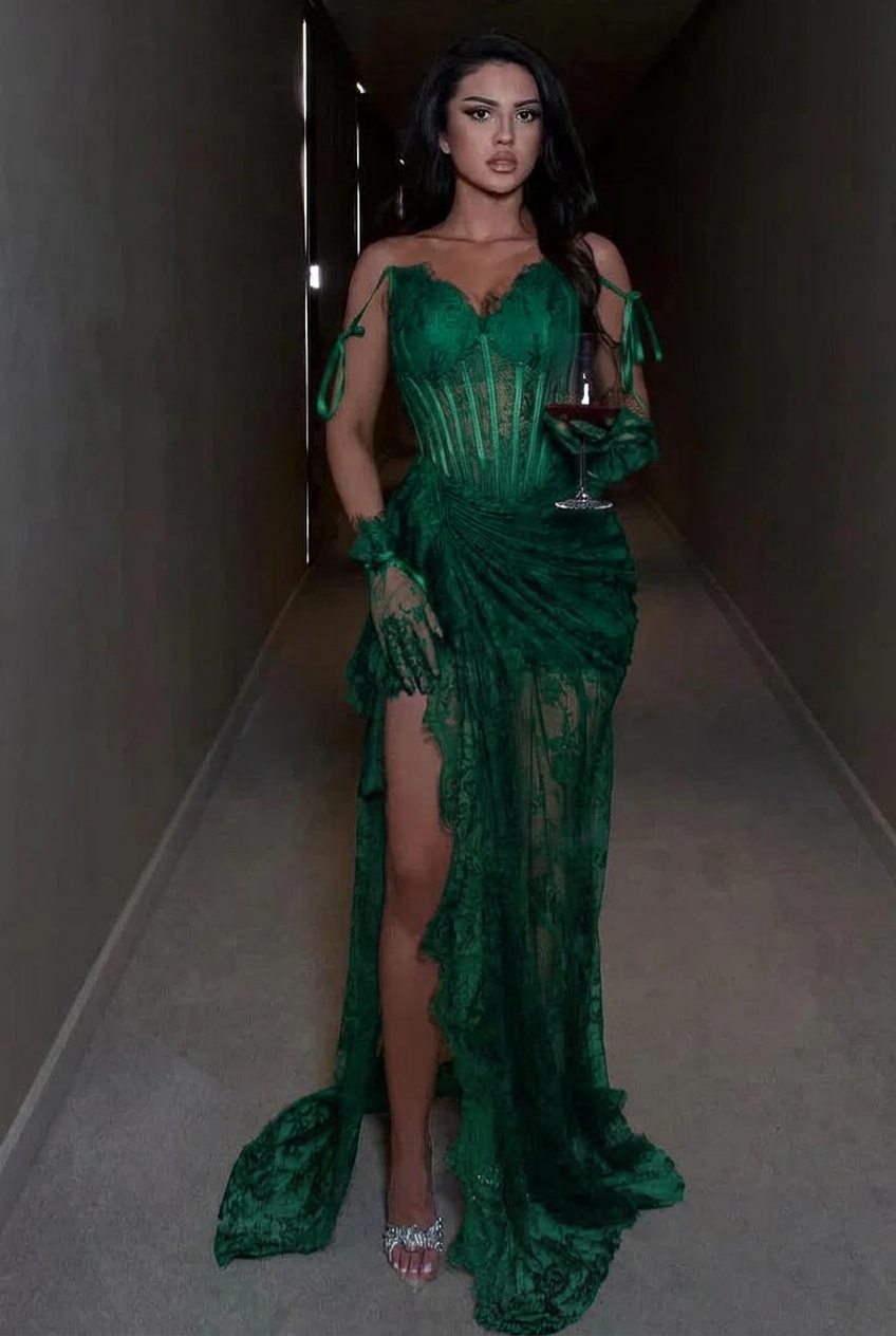 Emerald green spaghetti straps ruffled mermaid evening dress