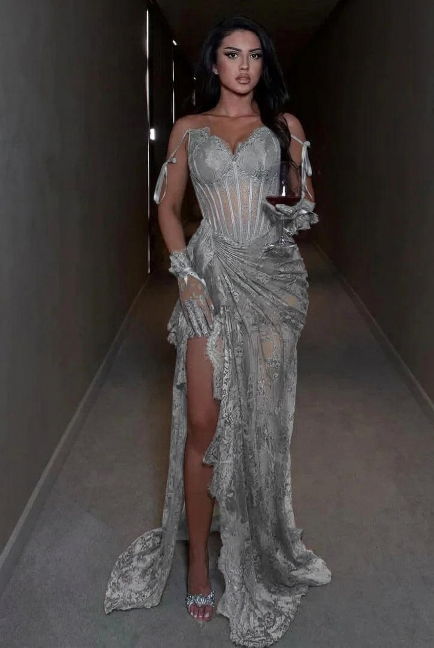 Silver spaghetti straps ruffled mermaid evening dress