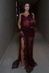 Burgundy Spaghetti Straps Sleeveless Lace Corset Mermaid Split Front Floor Evening Gown