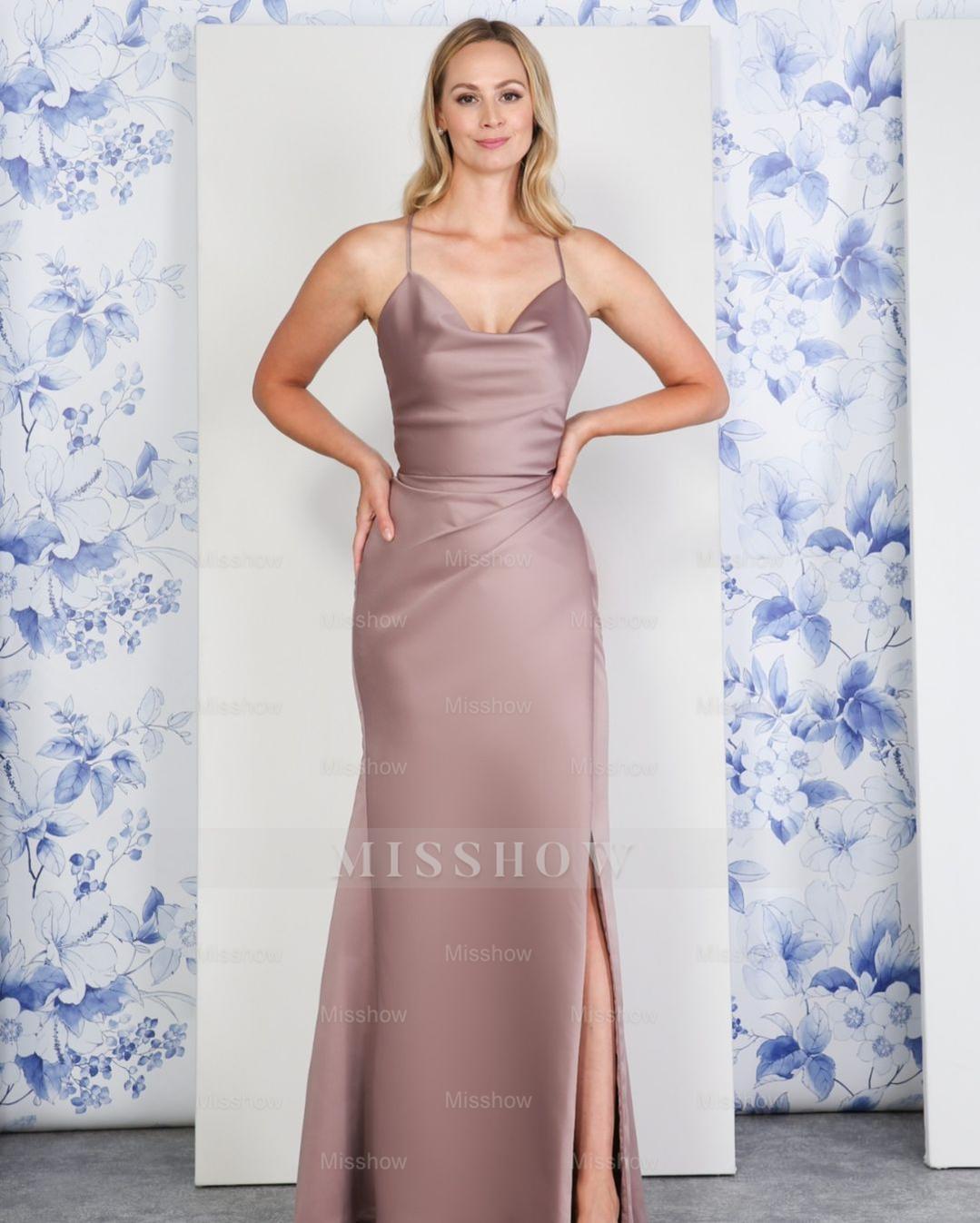 Burgundy Spaghetti Straps Sleeveless Mermaid Satin Ruching High Split Formal Evening Gown