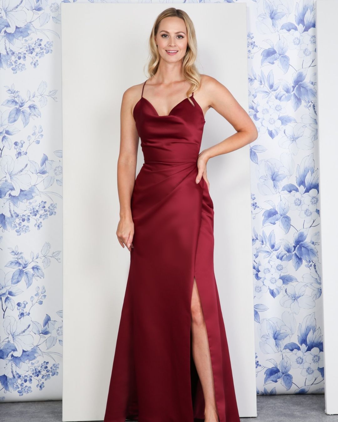 Burgundy Spaghetti Straps Sleeveless Mermaid Satin Ruching High Split Formal Evening Gown