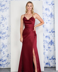 Burgundy Spaghetti Straps Sleeveless Mermaid Satin Ruching High Split Formal Evening Gown
