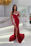 Burgundy Split Front Mermaid Floor-Length Prom Dress with Appliques
