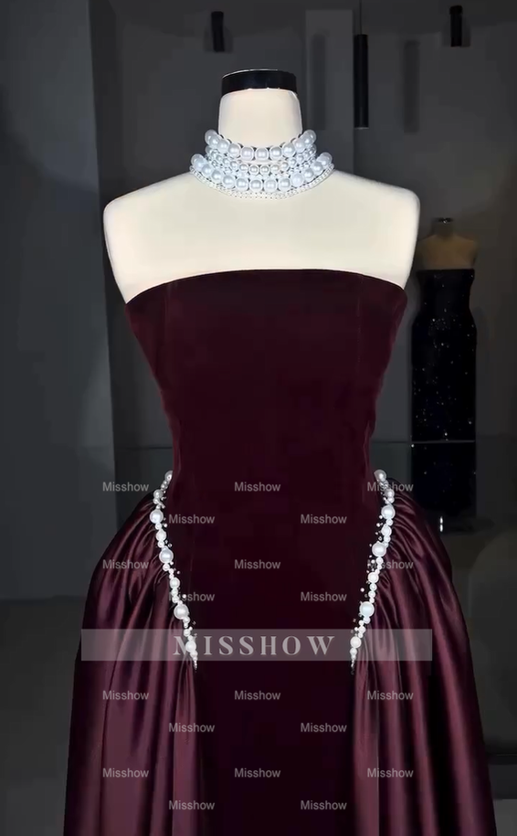 Burgundy Strapless Sleeveless Beaded A-line Velvet Floor Length Formal Evening Gown