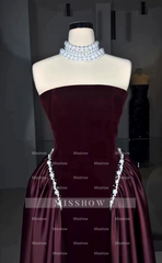 Burgundy Strapless Sleeveless Beaded A-line Velvet Floor Length Formal Evening Gown