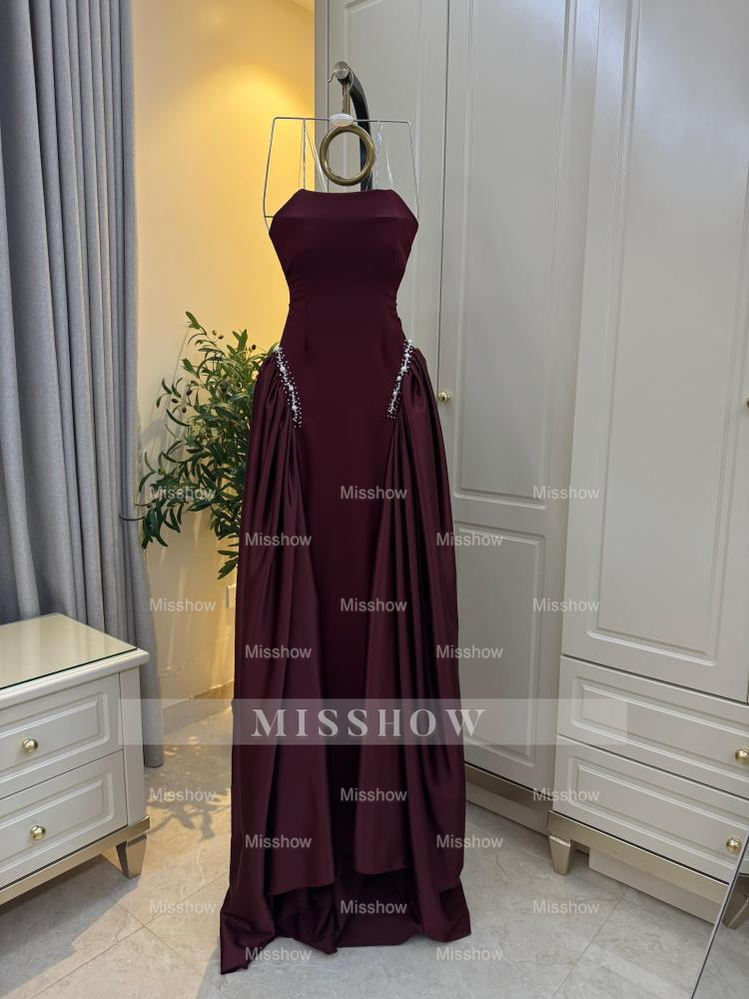 Burgundy Strapless Sleeveless Beaded A-line Velvet Floor Length Formal Evening Gown