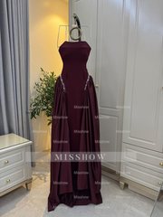 Burgundy Strapless Sleeveless Beaded A-line Velvet Floor Length Formal Evening Gown