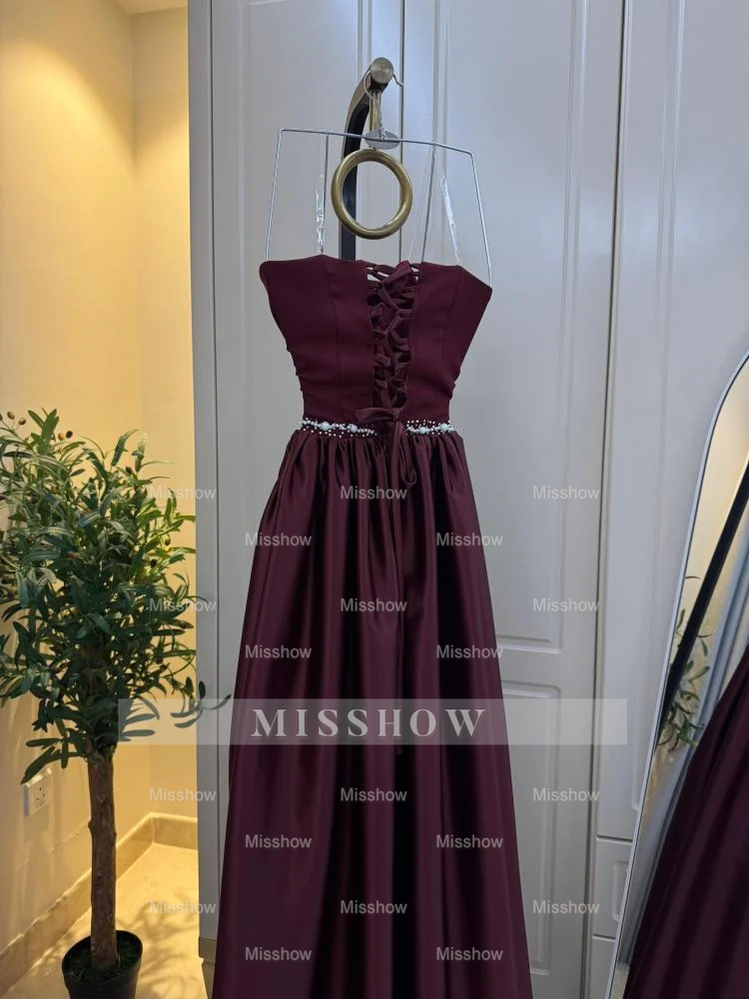 Burgundy Strapless Sleeveless Beaded A-line Velvet Floor Length Formal Evening Gown