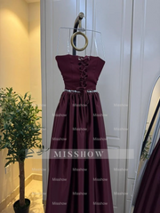 Burgundy Strapless Sleeveless Beaded A-line Velvet Floor Length Formal Evening Gown