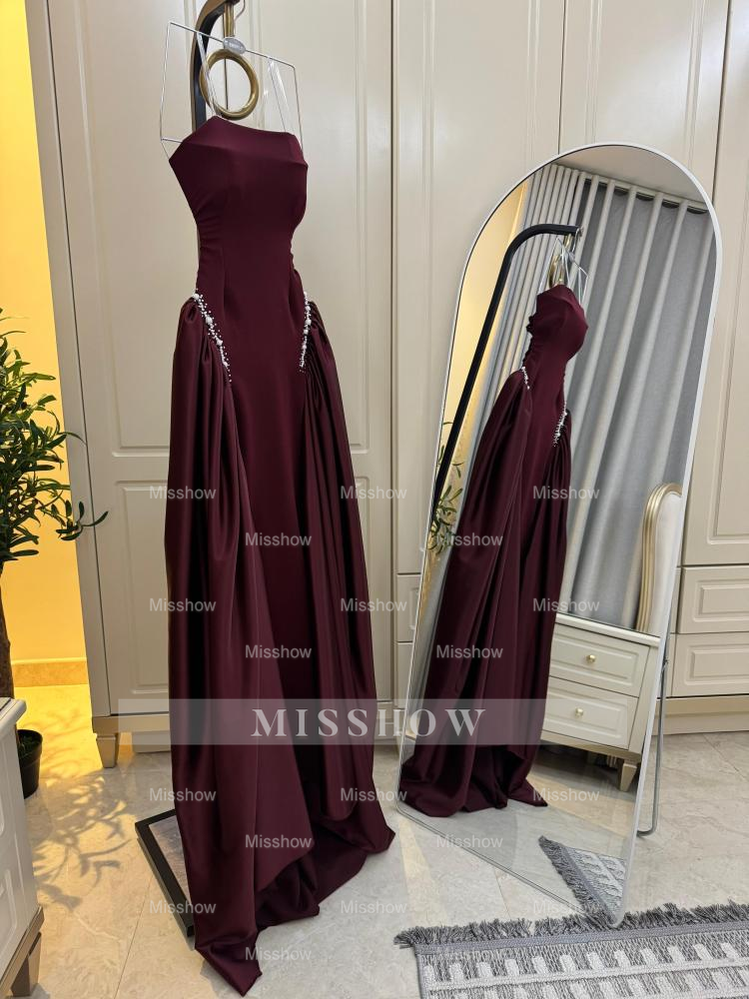 Burgundy Strapless Sleeveless Beaded A-line Velvet Floor Length Formal Evening Gown