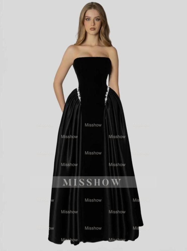 Burgundy Strapless Sleeveless Beaded A-line Velvet Floor Length Formal Evening Gown