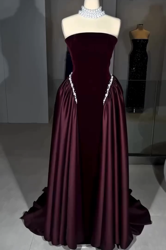 Burgundy Strapless Sleeveless Beaded A-line Velvet Floor Length Formal Evening Gown
