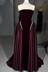 Burgundy Strapless Sleeveless Beaded A-line Velvet Floor Length Formal Evening Gown