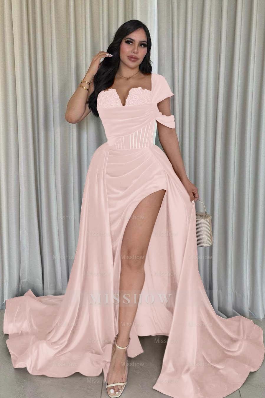 Burgundy Sweetheart Cap Sleeve Lace Corset A-Line Floor Length Formal Evening Gown