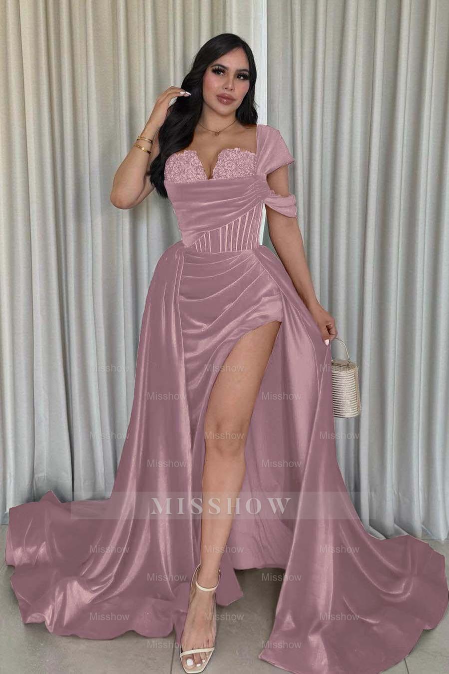 Burgundy Sweetheart Cap Sleeve Lace Corset A-Line Floor Length Formal Evening Gown