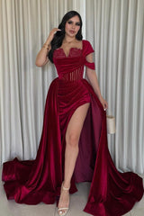 Burgundy Sweetheart Cap Sleeve Lace Corset A-Line Floor Length Formal Evening Gown
