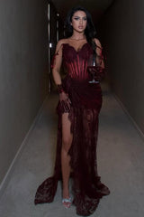 Burgundy Sweetheart Sleeveless Lace Corset Mermaid Split Floor Length Formal Evening Gown
