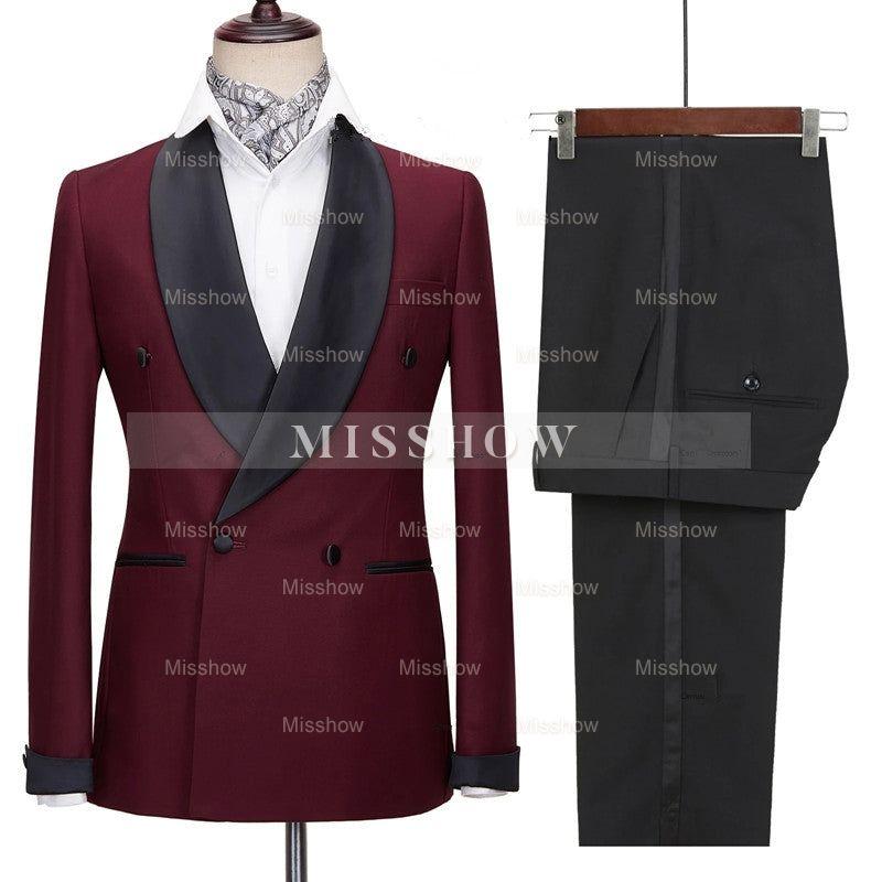 Burgundy Trim Fit Wedding Suit With Black Shawl Collar